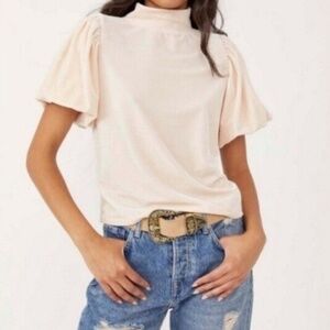Free People Claudia Velvet Mock Neck Puff Sleeve Top - Champagne Toast -Size M
